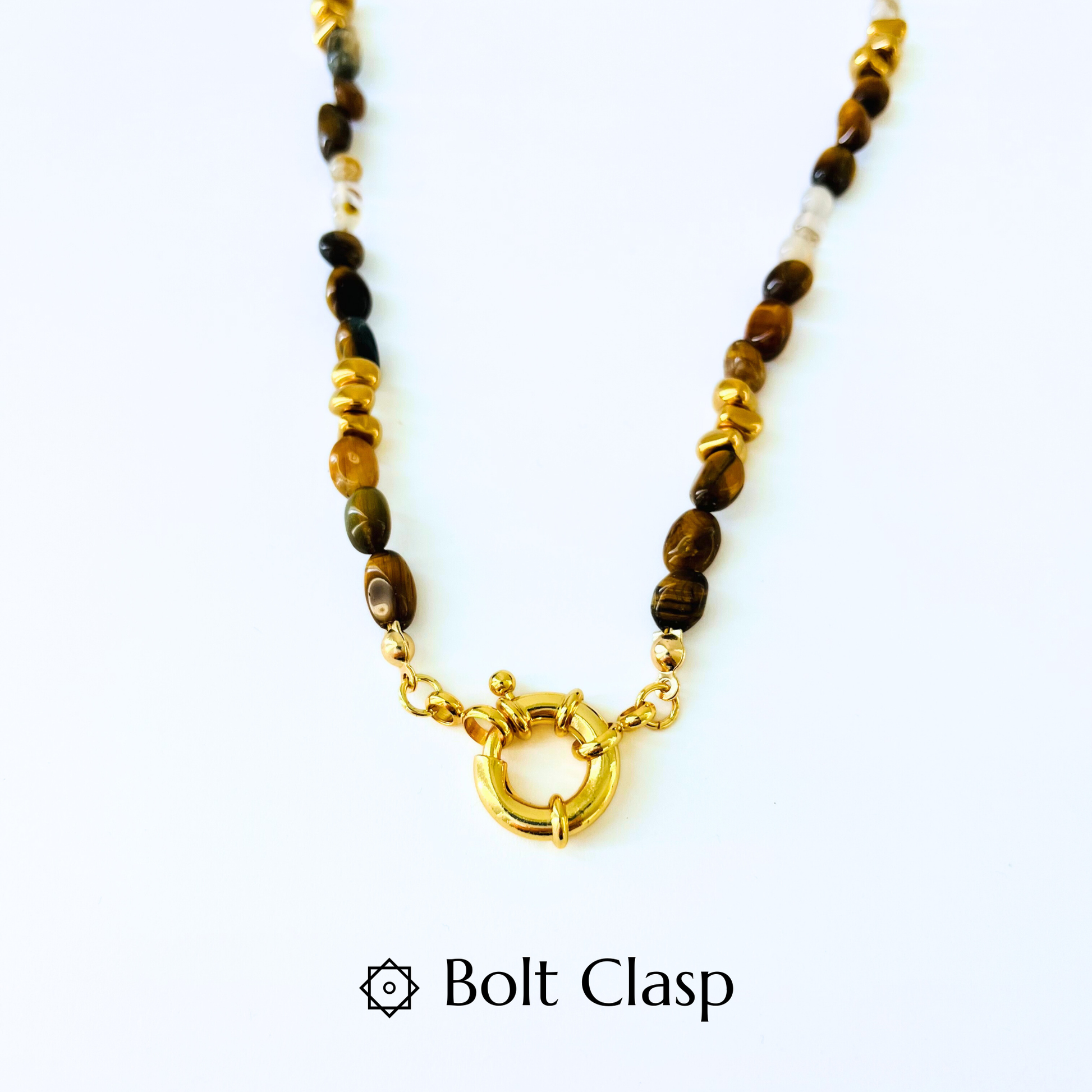 Natural Tiger Eye & Montana Agate Necklace | Gold Bolt Clasp Gemstone Necklace
