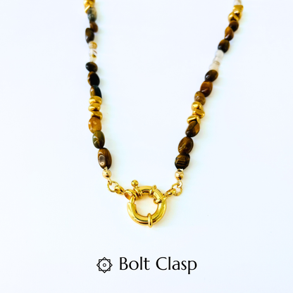 Natural Tiger Eye & Montana Agate Necklace | Gold Bolt Clasp Gemstone Necklace