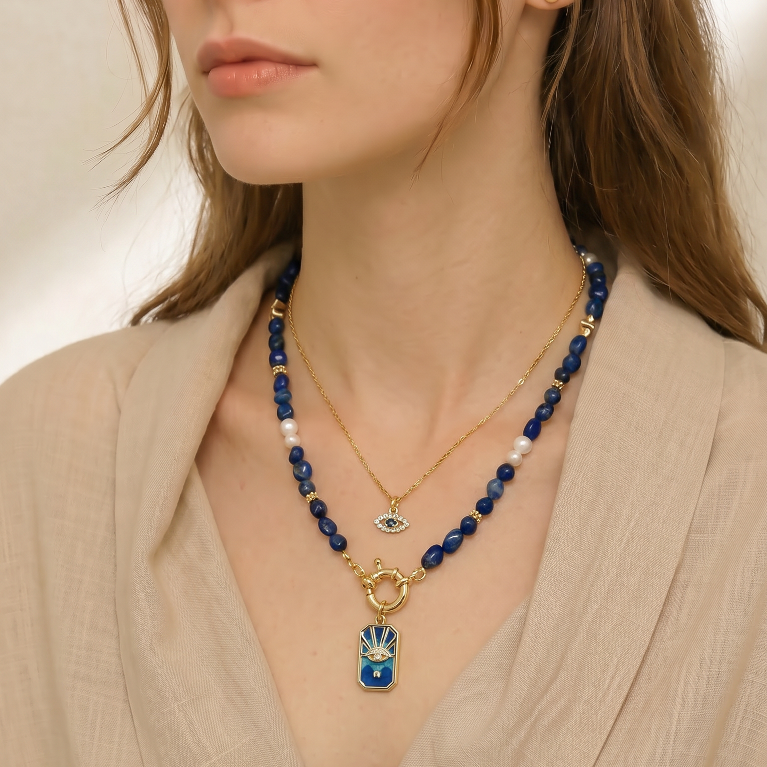 Loyal Blue Lapis Lazuli & Pearl Gemstone Necklace - Gold Plated Interchangeable Clasp Gemstone Necklace