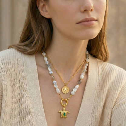 Ocean Treasures | 14K Gold Plated Turtle Pendant | Green CZ | Interchangeable Charm Pendant