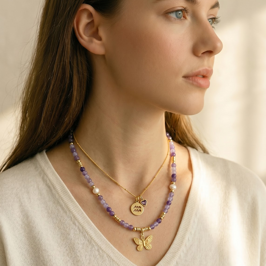 Lavender Purple Chalcedony Gemstone Necklace | Gold Plated Butterfly Pendant & Nugget Pearls Gemstone Necklace