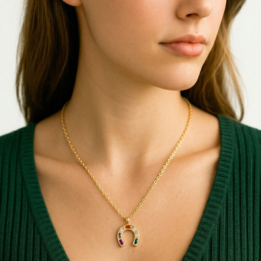 Gemstone CZ Horseshoe Pendant Necklace | Gold Pendant Necklace