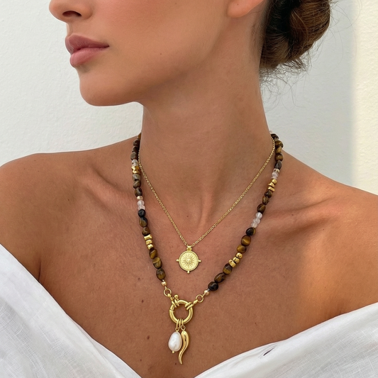 Natural Tiger Eye & Montana Agate Necklace | Gold Bolt Clasp