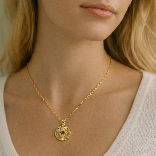 Magenta CZ Evil Eye Round Necklace | 14K Gold Plated | Handcrafted in Australia