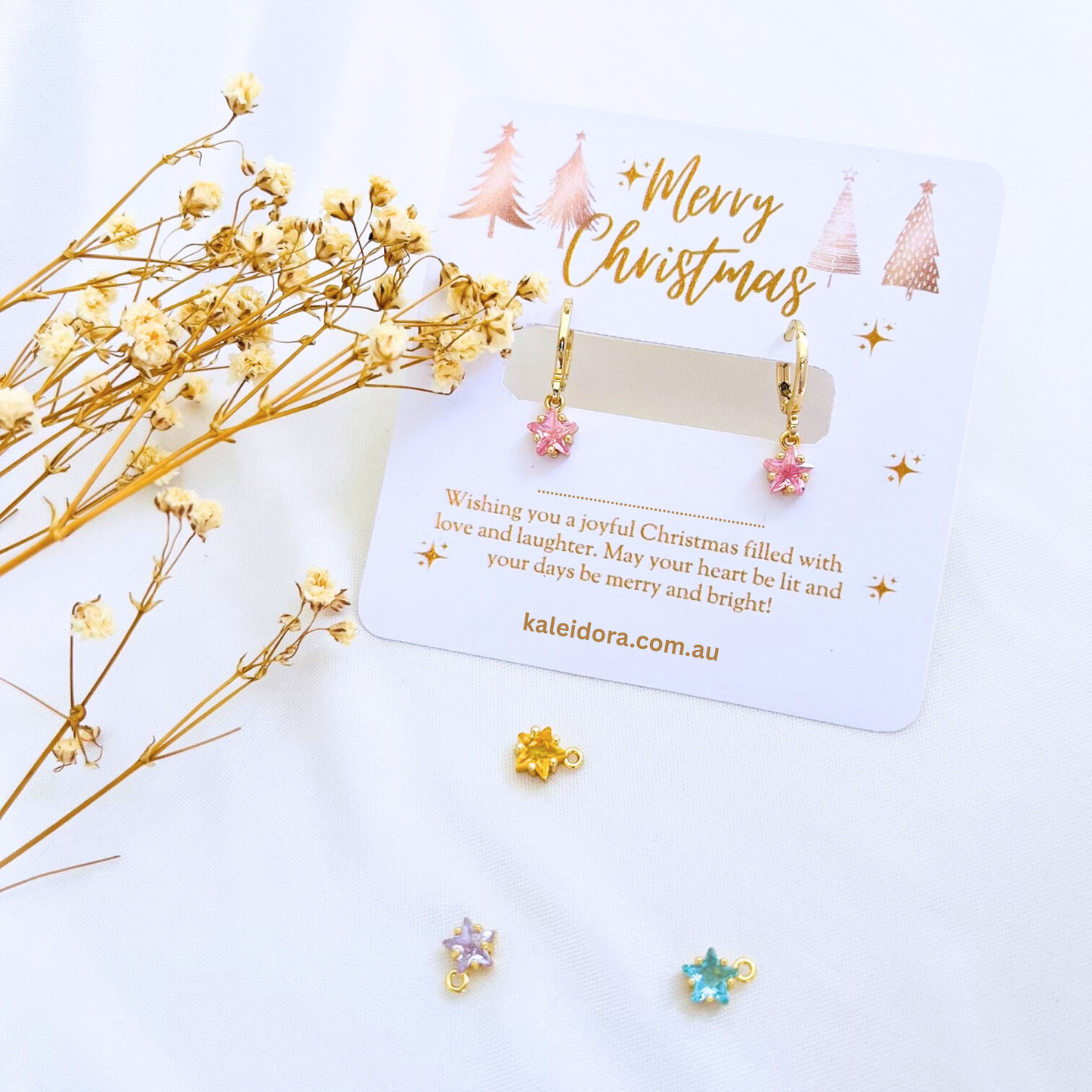 Birthstone Star Earrings with Gold Christmas Card - Jan to Dec - Personalized Gift