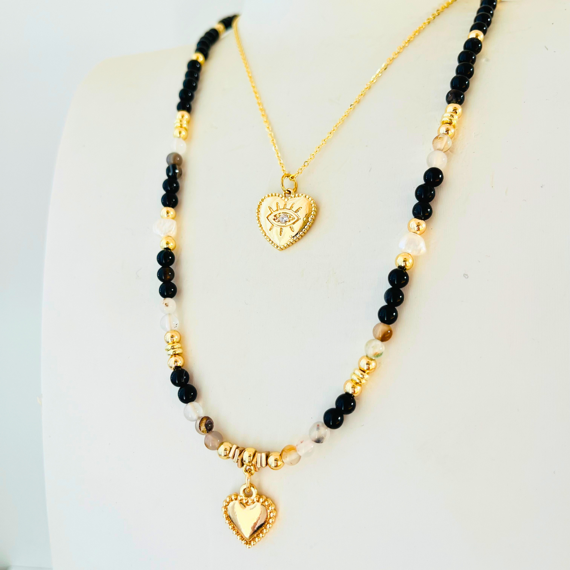 Black & Montana Agate Natural Gemstone Necklace | Gold Plated Heart & Nugget Pearls Gemstone Necklace