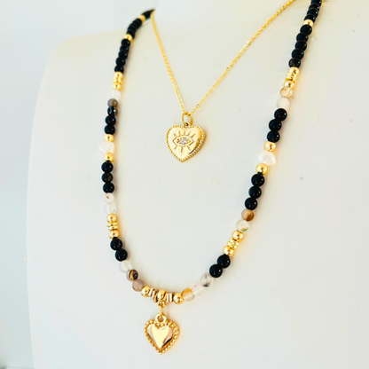 Black & Montana Agate Natural Gemstone Necklace | Gold Plated Heart & Nugget Pearls Gemstone Necklace