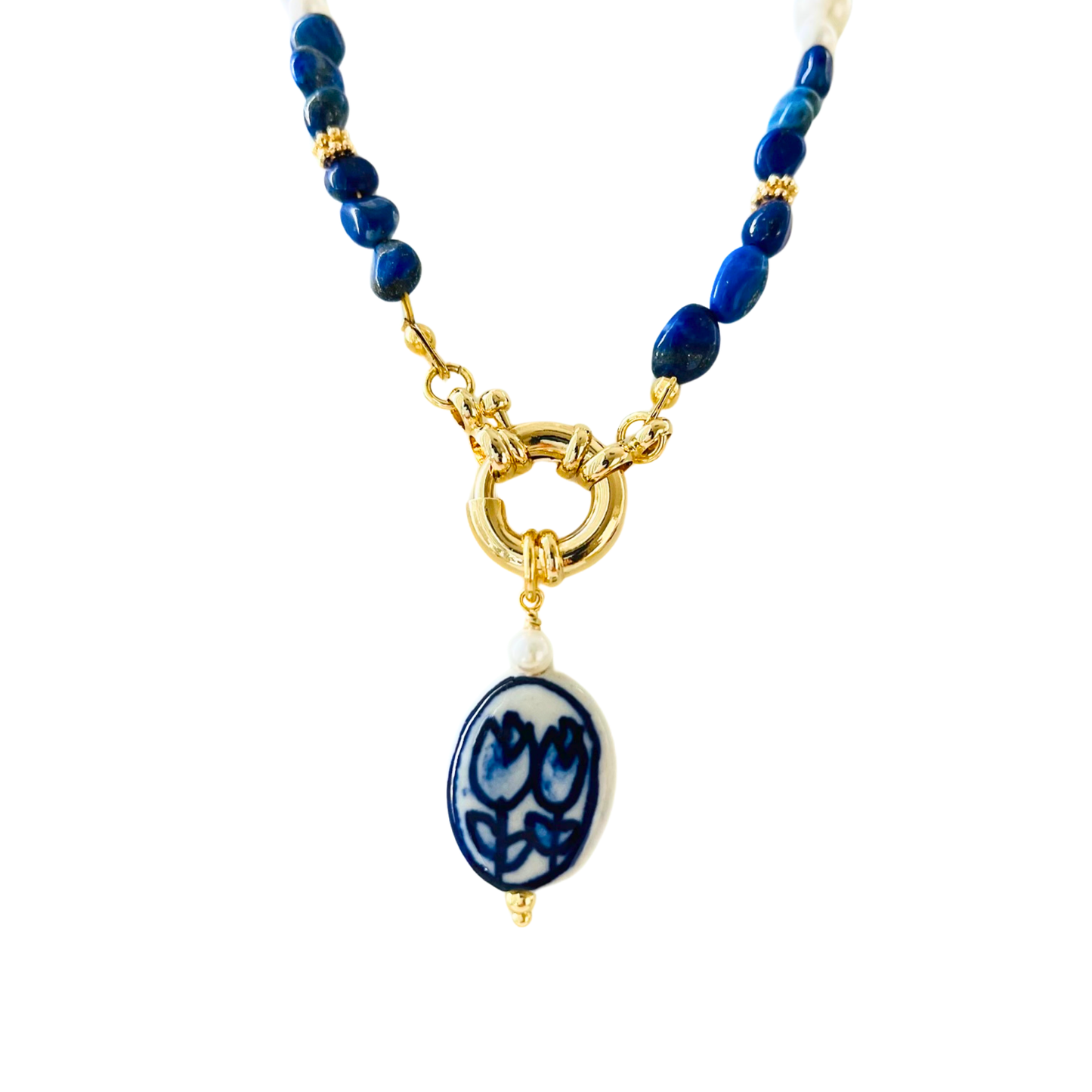 Tulip Flower Porcelain Charm Pendant - Blue & White Interchangeable Pendant