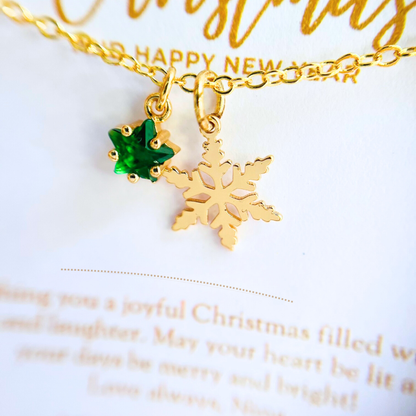 Green Star Christmas Necklace with Gold Card - Snowflake, Pinecone & Reindeer Charm