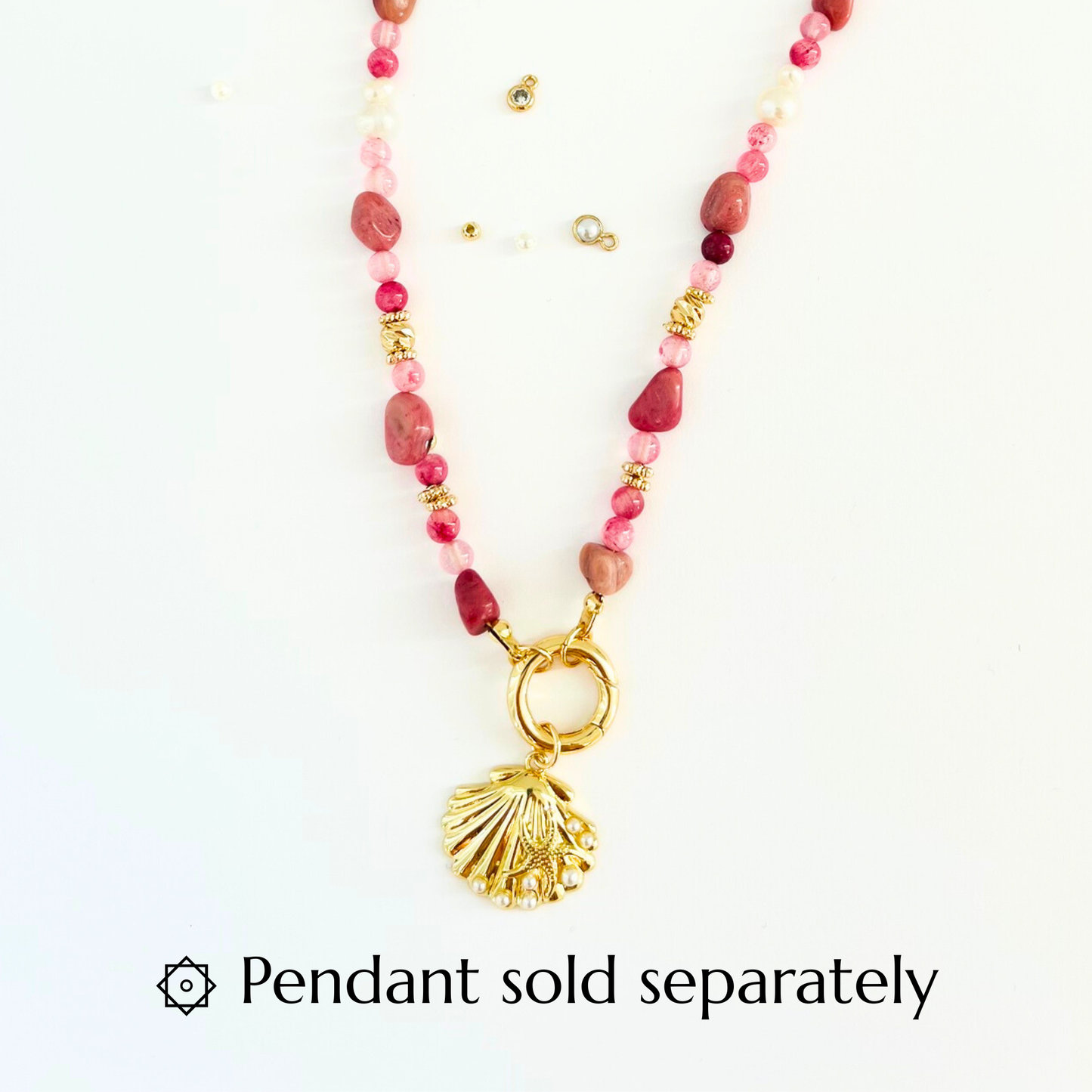 Pink Rhodochrosite and Pearl Natural Gemstone Necklace - Gold Plated Interchangeable Clasp Gemstone Necklace