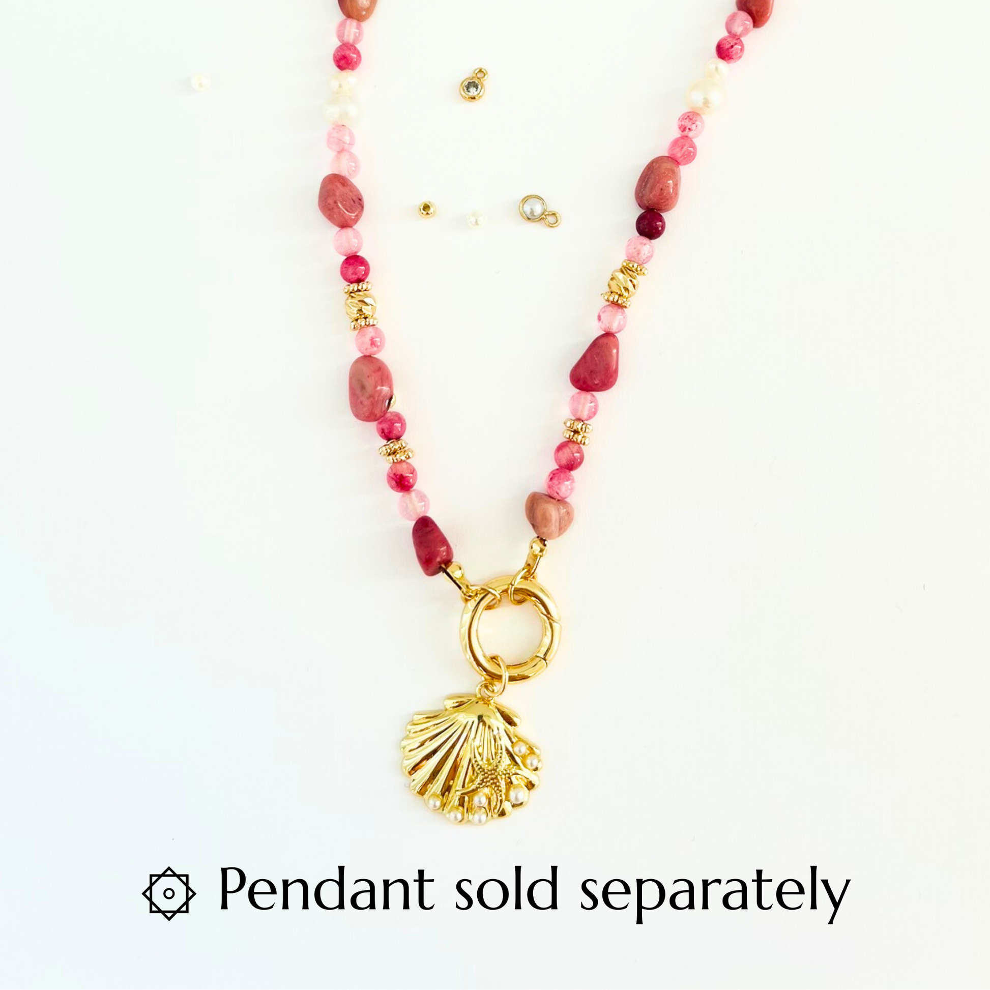Pink Rhodochrosite and Pearl Natural Gemstone Necklace - Gold Plated Interchangeable Clasp Gemstone Necklace
