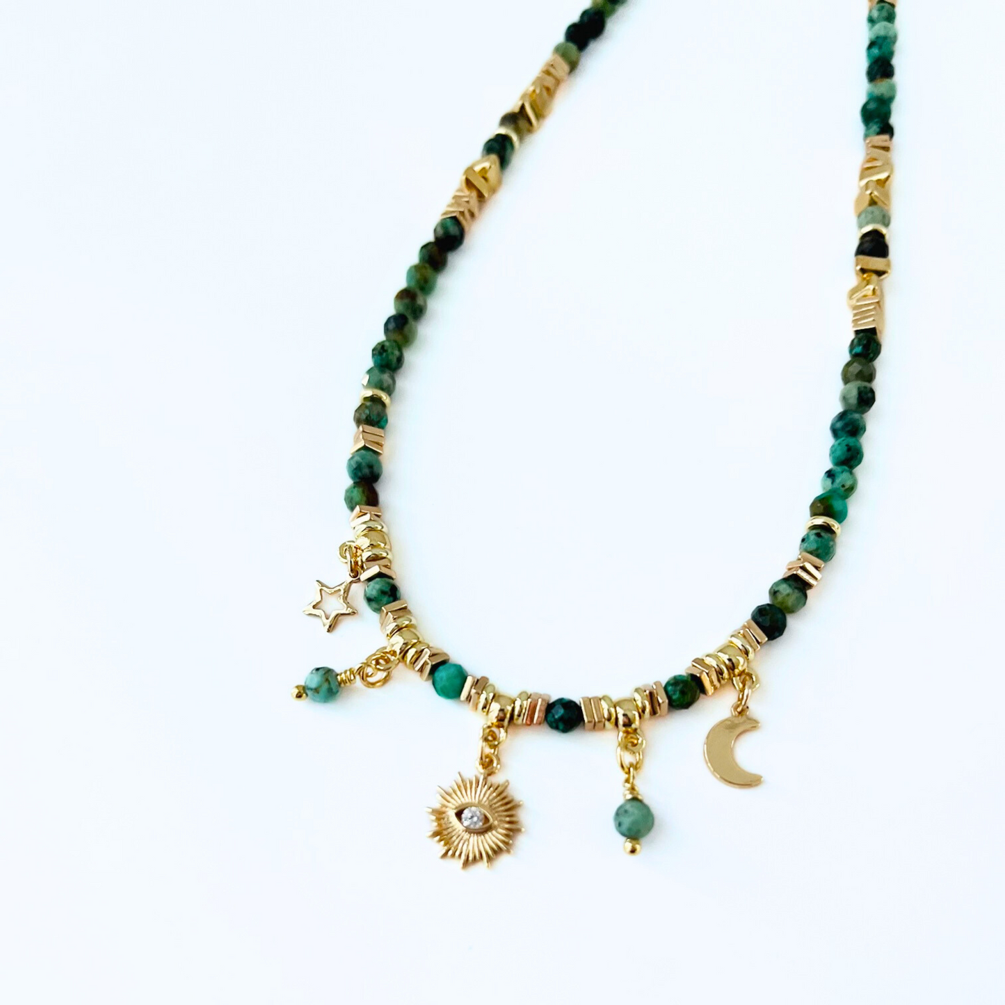 African Turquoise Gemstone Necklace with Evil Eye Sun Moon Star Charms