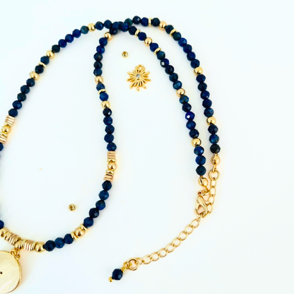 Lapis Lazuli Gemstone Necklace with Gold Plated CZ Star Round Pendant
