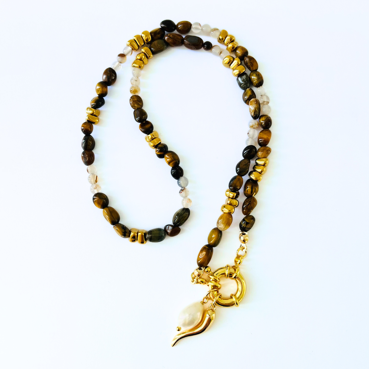 Natural Tiger Eye & Montana Agate Necklace | Gold Bolt Clasp Gemstone Necklace