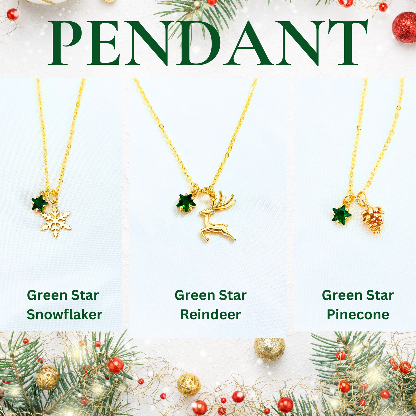Green Star Christmas Necklace with Gold Card - Snowflake, Pinecone & Reindeer Charm