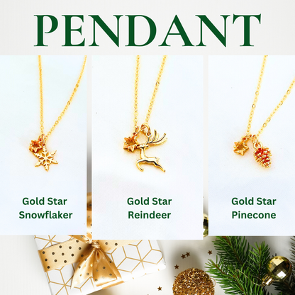 Gold Star Christmas Necklace - Snowflake, Pinecone & Reindeer Charm
