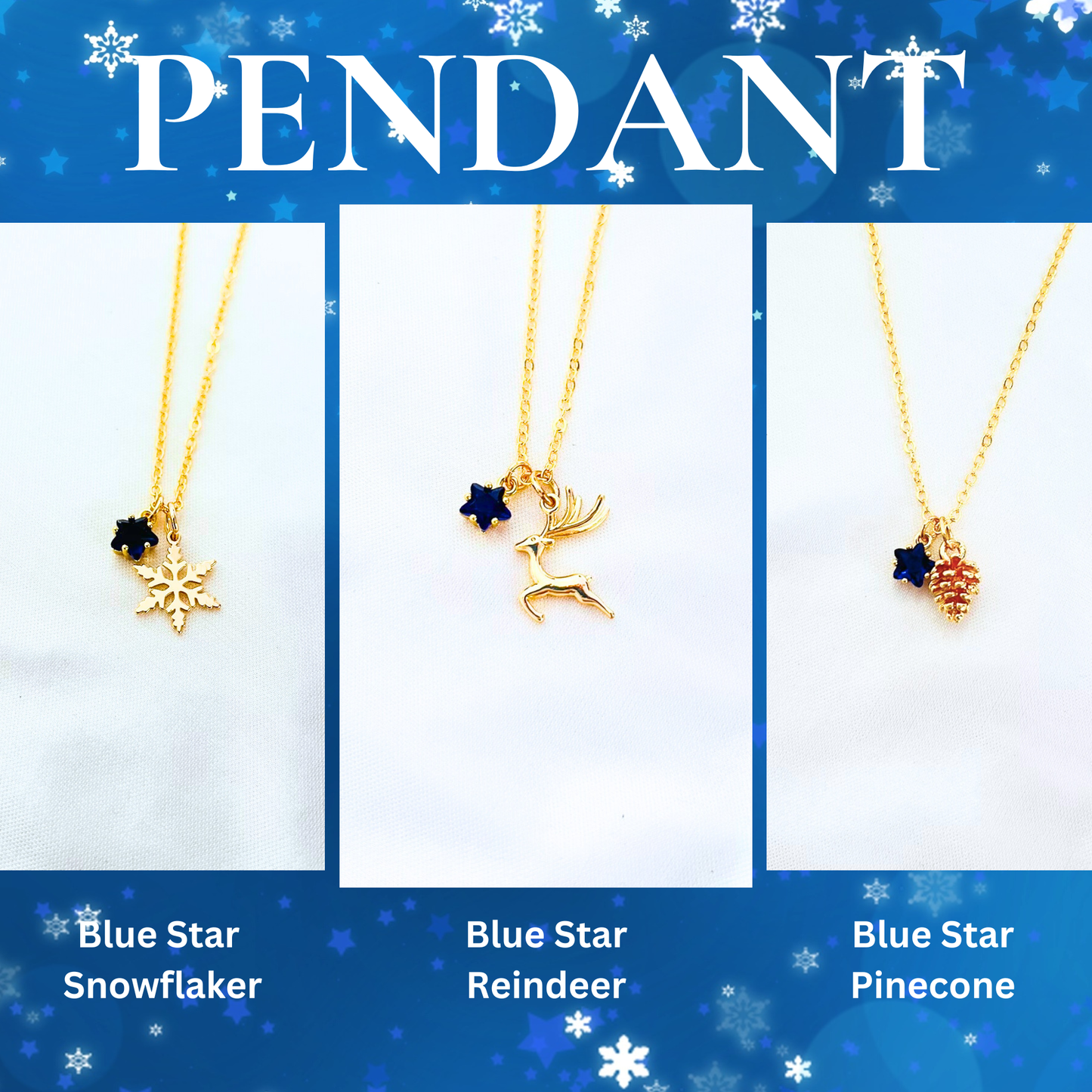 Blue Star Christmas Necklace with Gold Card - Snowflake, Pinecone & Reindeer Charm