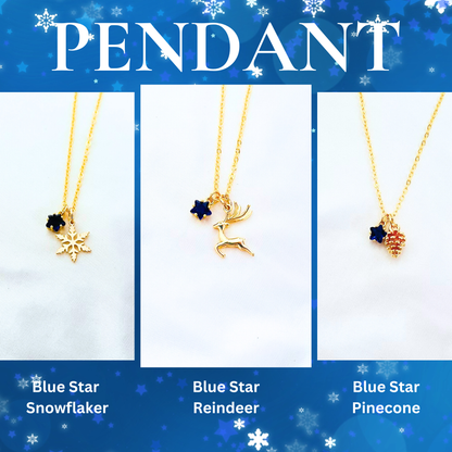 Blue Star Christmas Necklace with Gold Card - Snowflake, Pinecone & Reindeer Charm