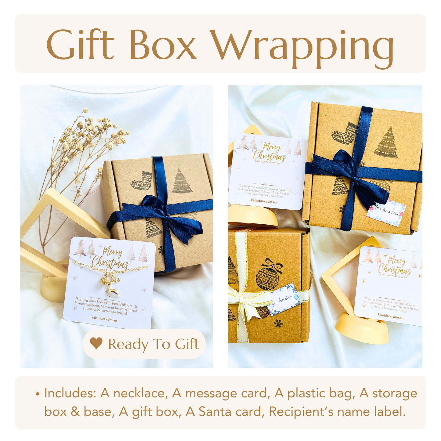 Blue Star Christmas Necklace with Gold Card - Snowflake, Pinecone & Reindeer Charm