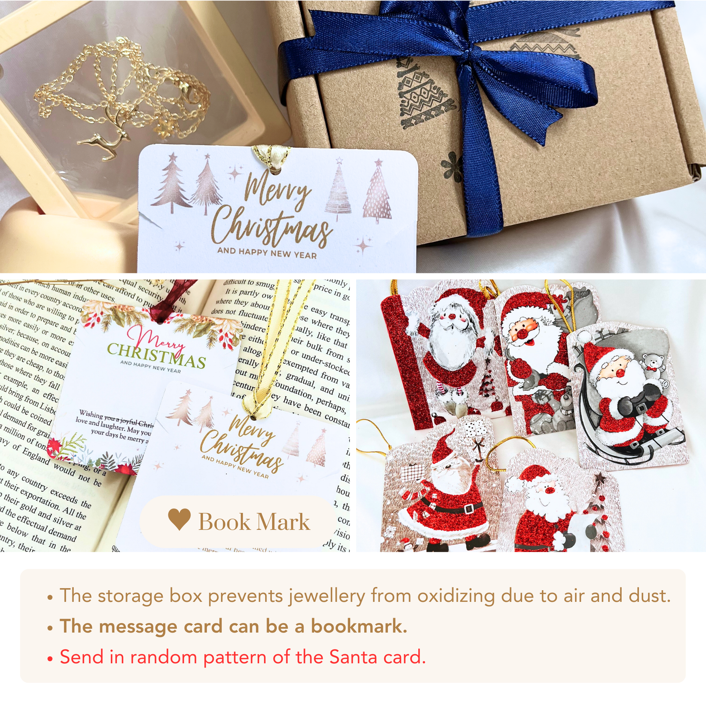 Blue Star Christmas Necklace with Gold Card - Snowflake, Pinecone & Reindeer Charm