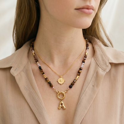 14K Gold Plated Bubble Letter Initial Pendant Gemstone Necklace