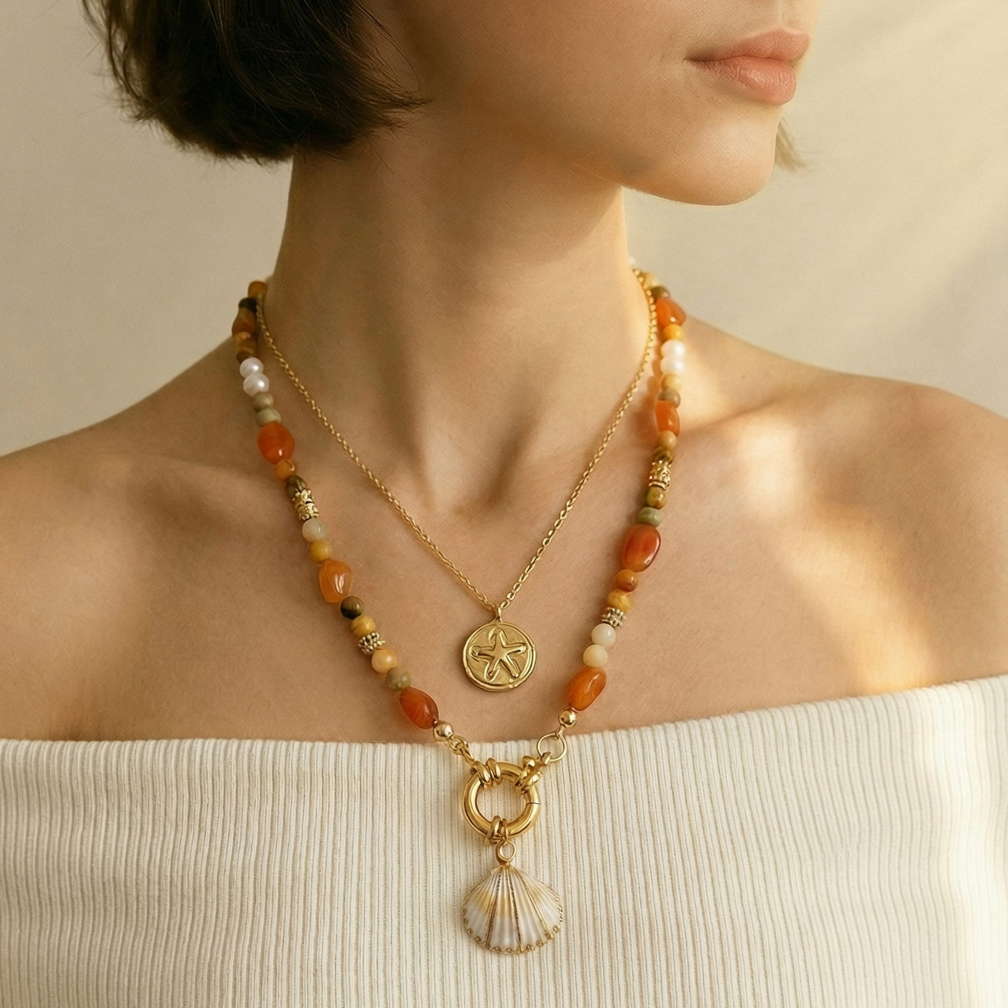 Natural White Cockles Shell Pendant | Gold Edged Charm Pendant