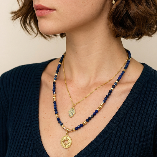 Lapis Lazuli Gemstone Necklace | Gold Plated Open Heart Circle Pendant Gemstone Necklace