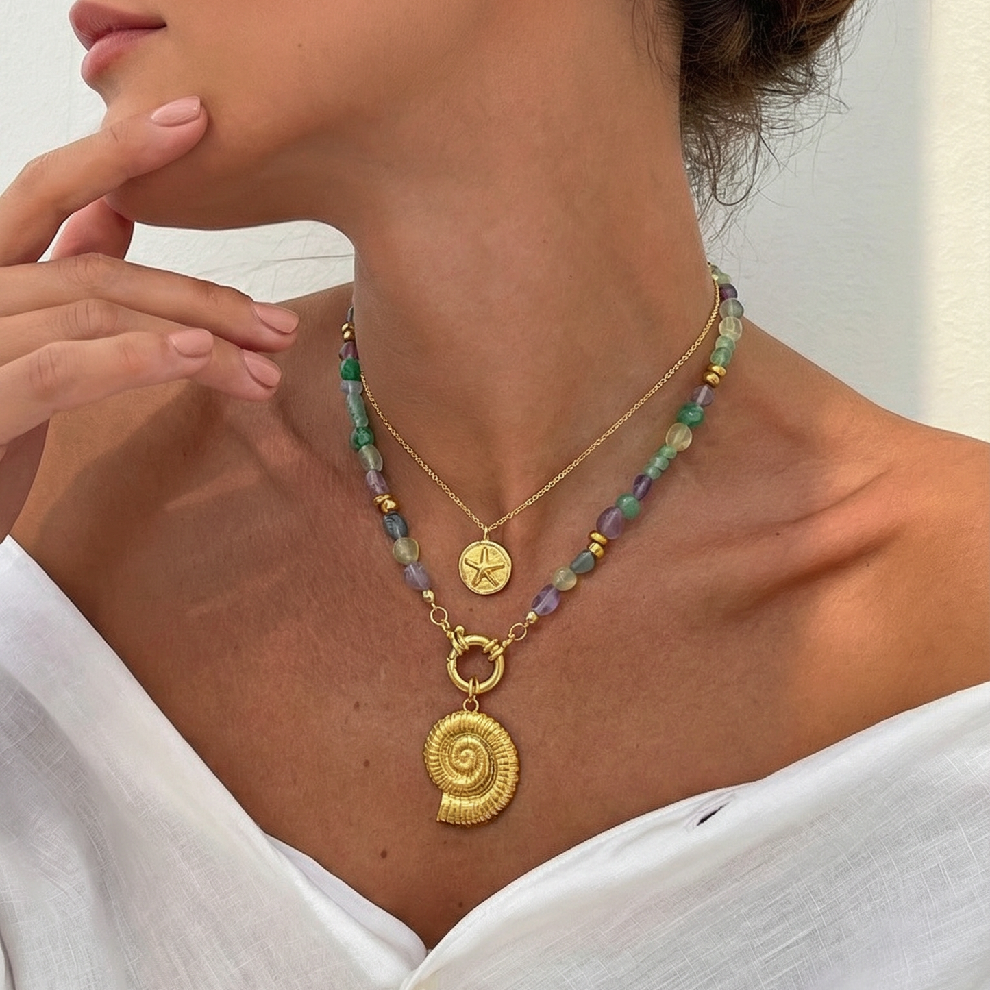Green Fluorite & Green Aventurine Natural Gemstone Necklace | Gold Plated Interchangeable Clasp Gemstone Necklace