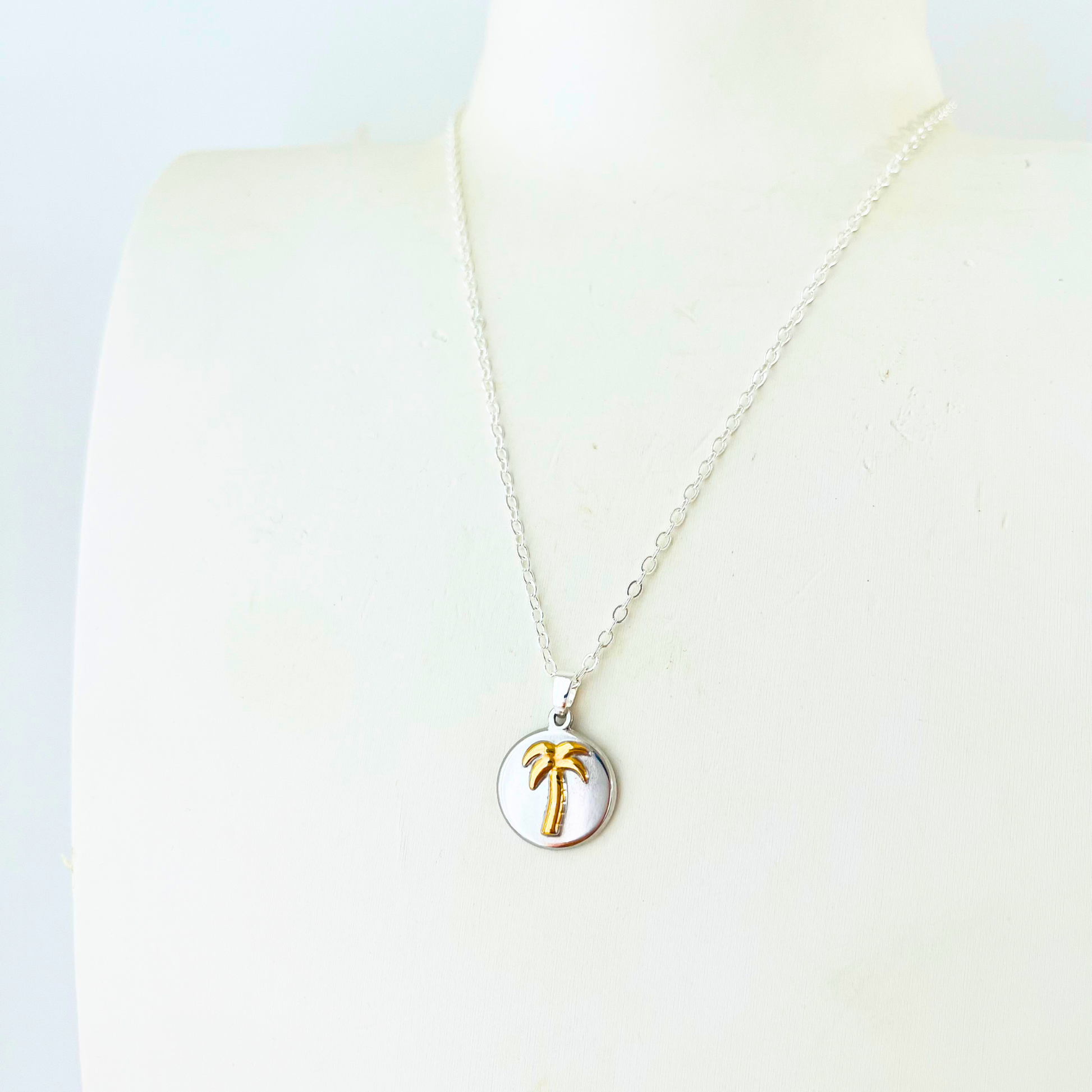 Two-Tone Palm Tree Necklace | Gold Plated Chain with Water-Resistant Pendant Necklace