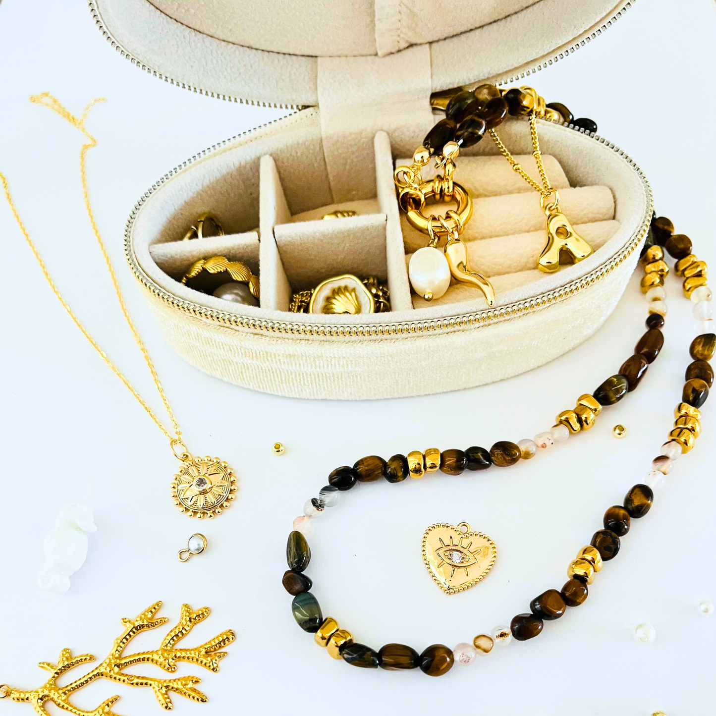 Beige Corduroy Travel Jewellery Box | Mini Organiser