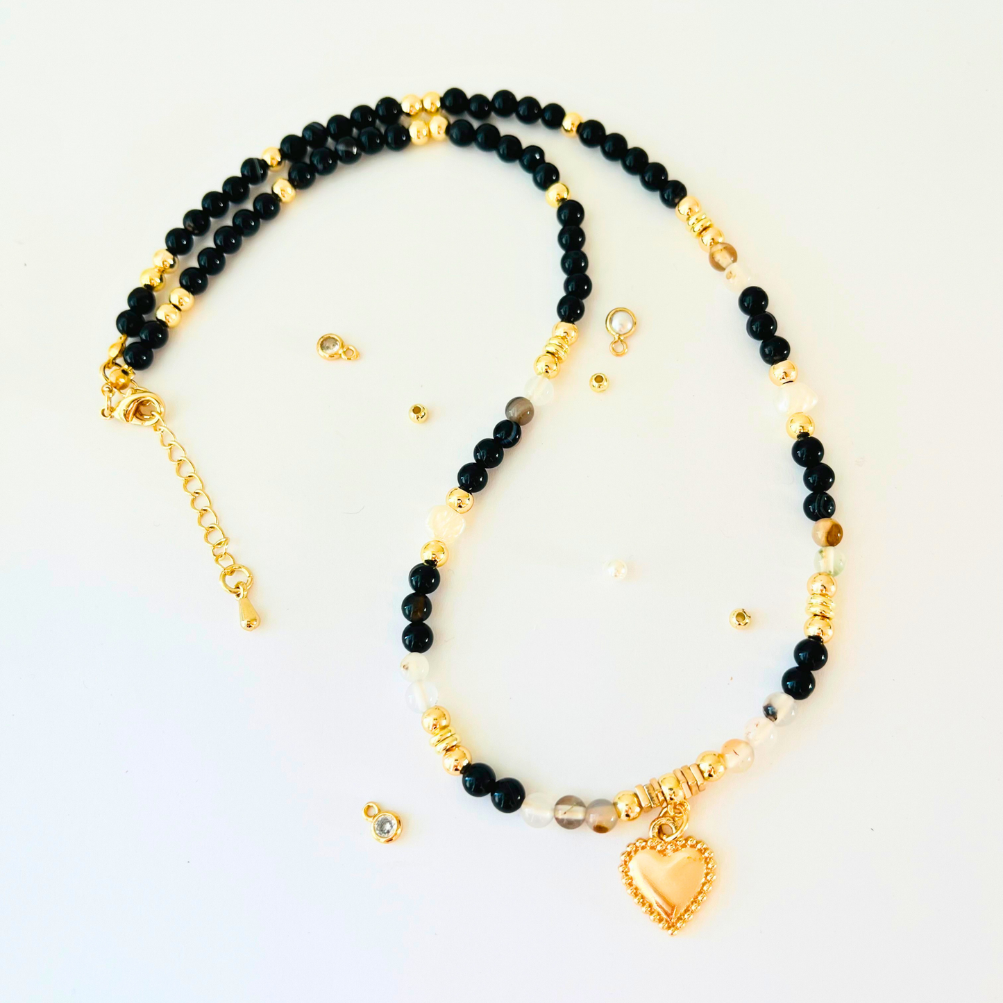 Black & Montana Agate Natural Gemstone Necklace | Gold Plated Heart & Nugget Pearls Gemstone Necklace