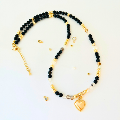 Black & Montana Agate Natural Gemstone Necklace | Gold Plated Heart & Nugget Pearls Gemstone Necklace