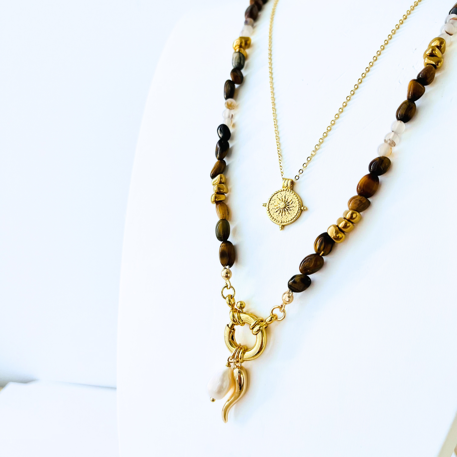 Natural Tiger Eye & Montana Agate Necklace | Gold Bolt Clasp Gemstone Necklace