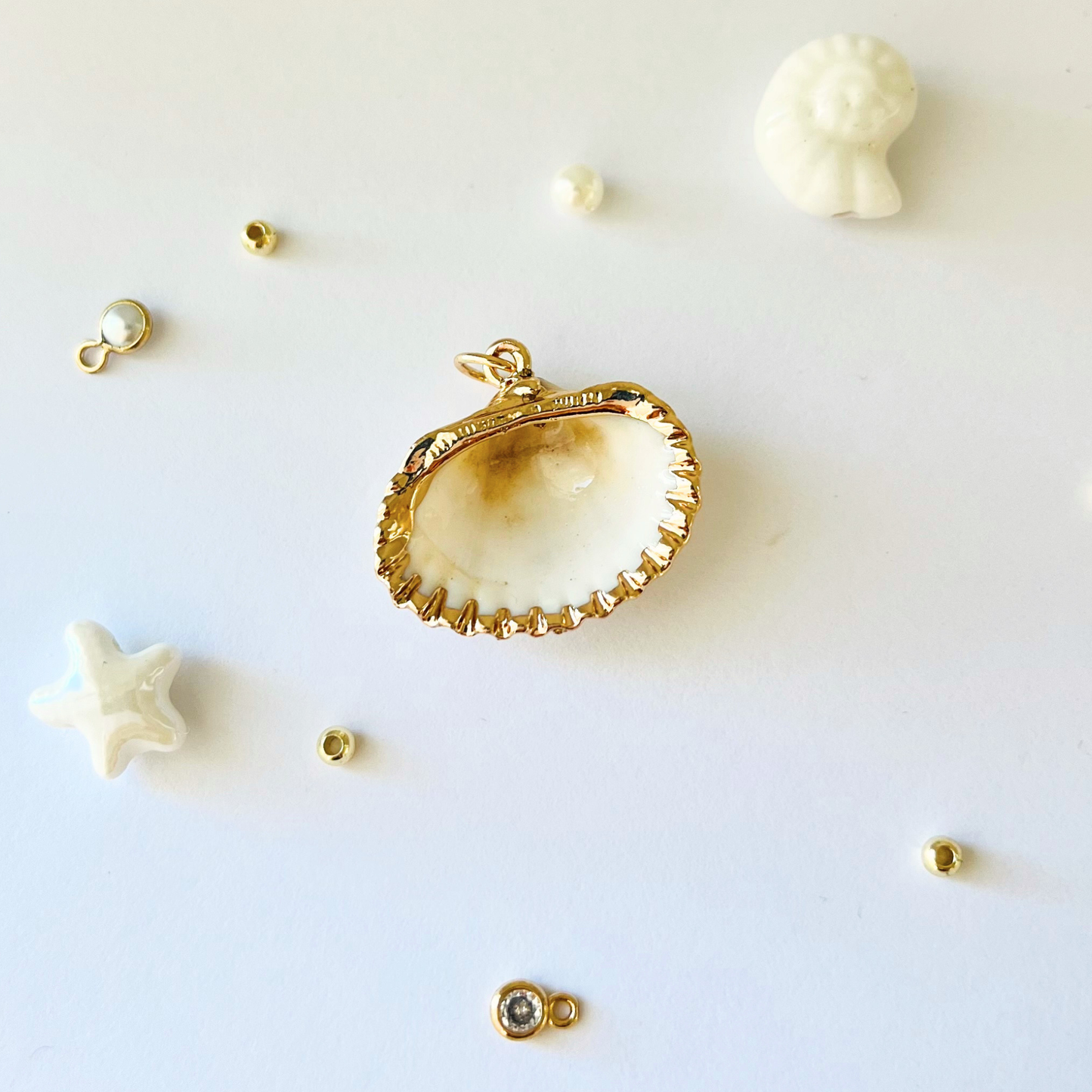 Natural White Cockles Shell Pendant | Gold Edged Charm Pendant