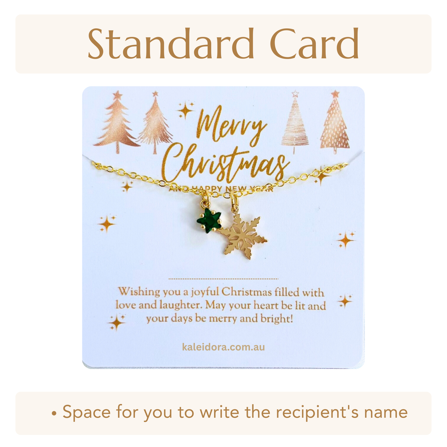 Green Star Christmas Necklace with Gold Card - Snowflake, Pinecone & Reindeer Charm