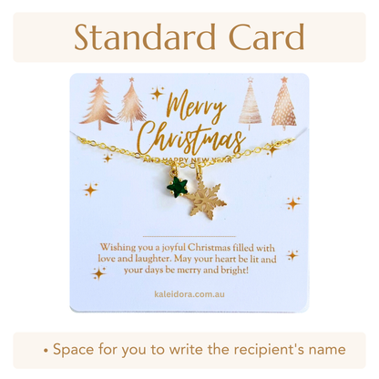 Green Star Christmas Necklace with Gold Card - Snowflake, Pinecone & Reindeer Charm