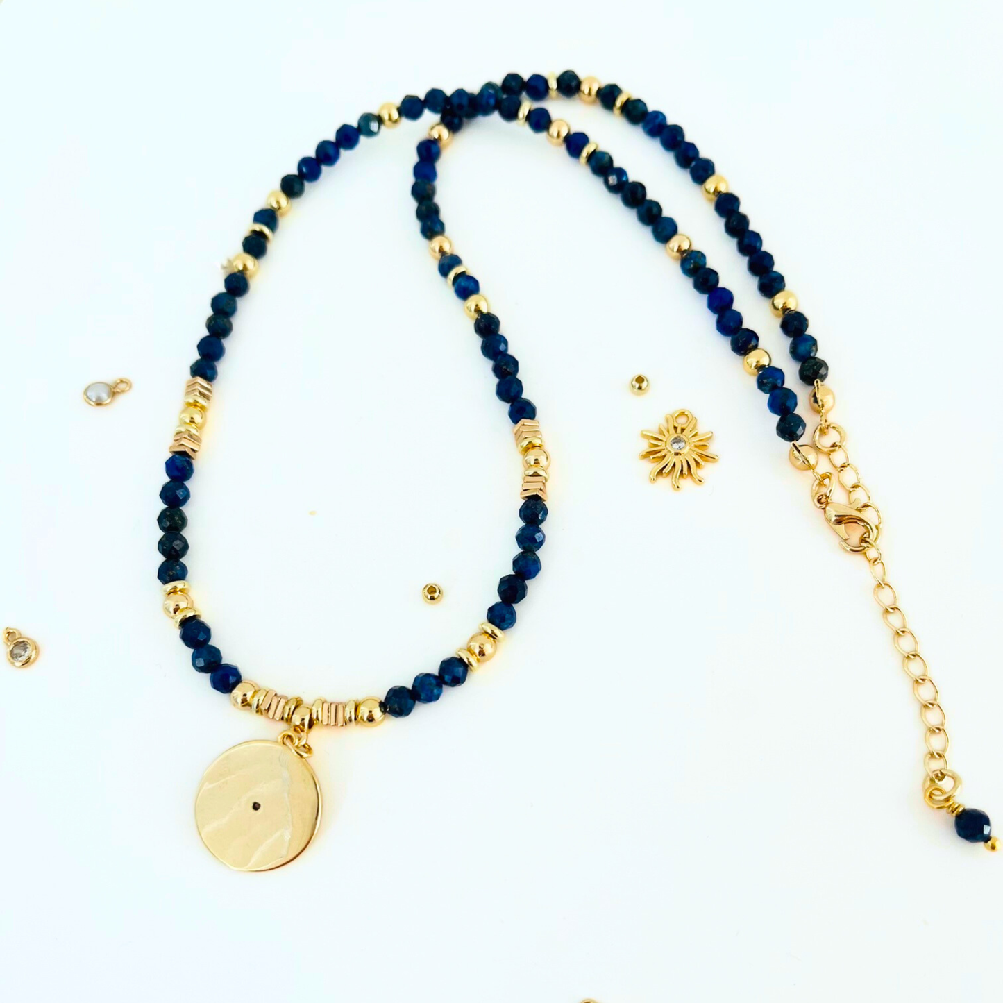 Lapis Lazuli Gemstone Necklace with Gold Plated CZ Star Round Pendant