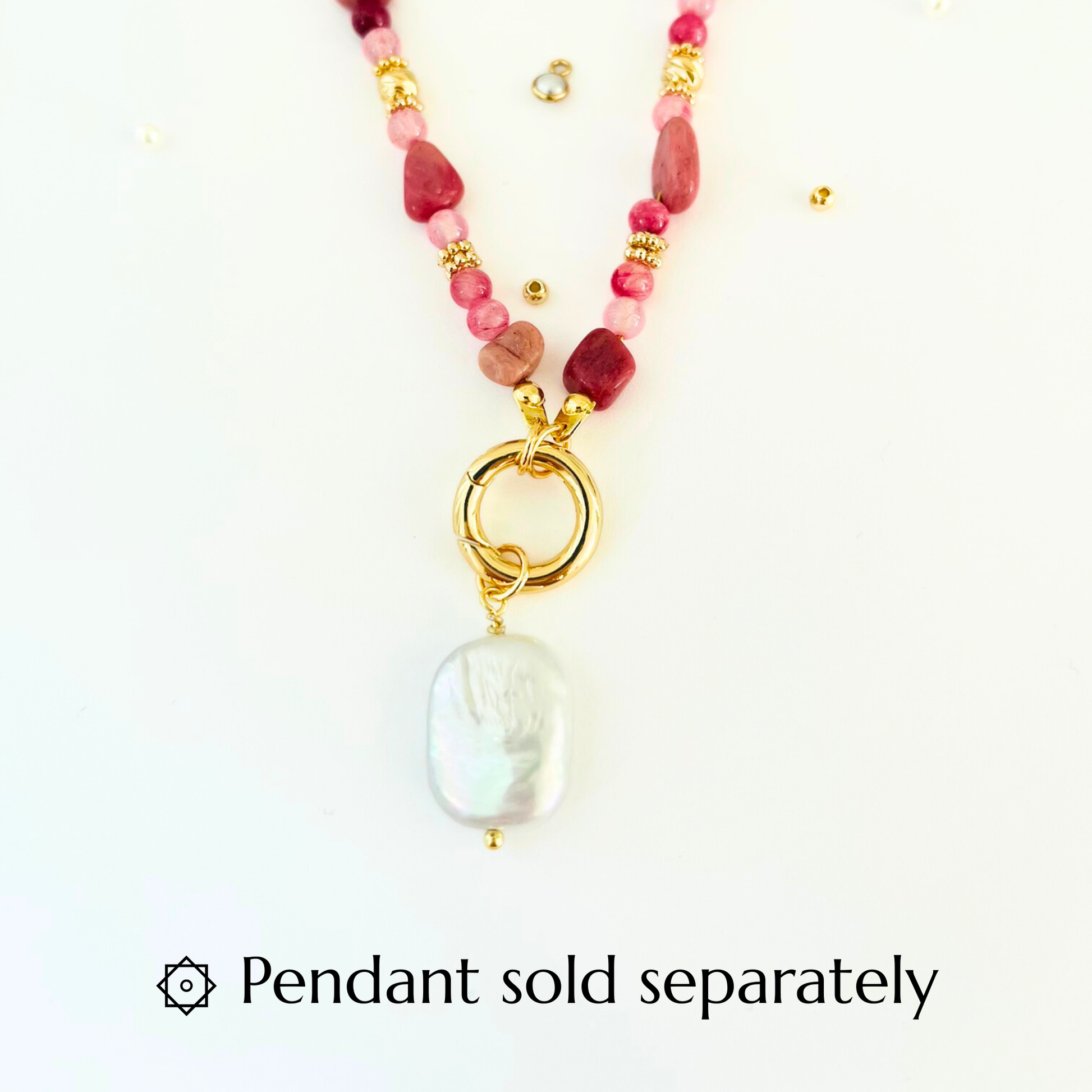 Pink Rhodochrosite and Pearl Natural Gemstone Necklace - Gold Plated Interchangeable Clasp Gemstone Necklace