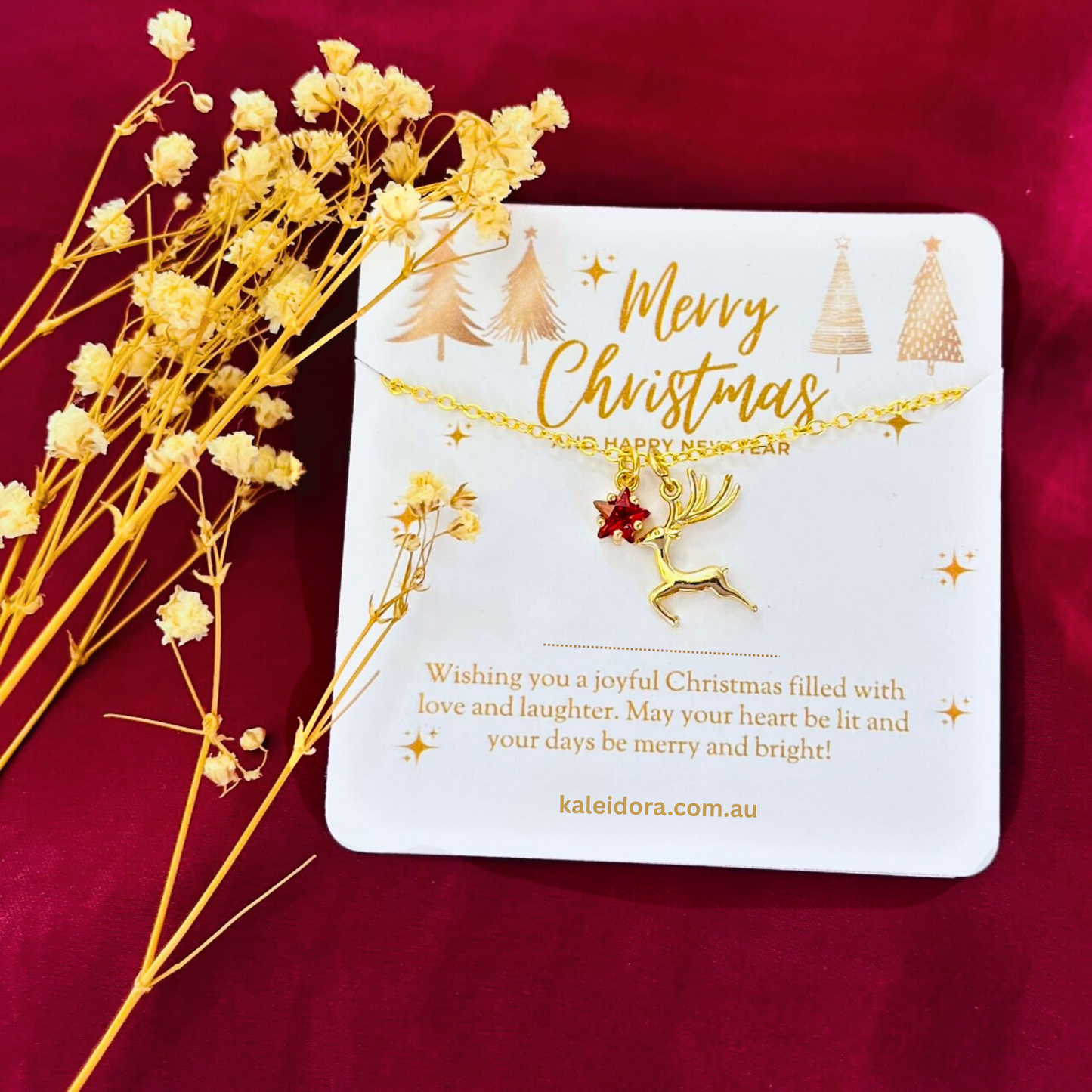Red Star Christmas Necklace with Gold Card - Snowflake, Pinecone & Reindeer Charm