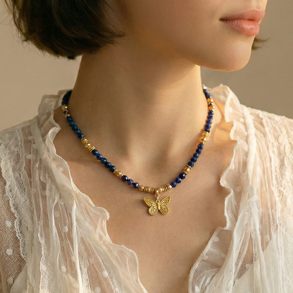 Lapis Lazuli Gemstone Necklace | Gold Plated Butterfly Pendant Gemstone Necklace