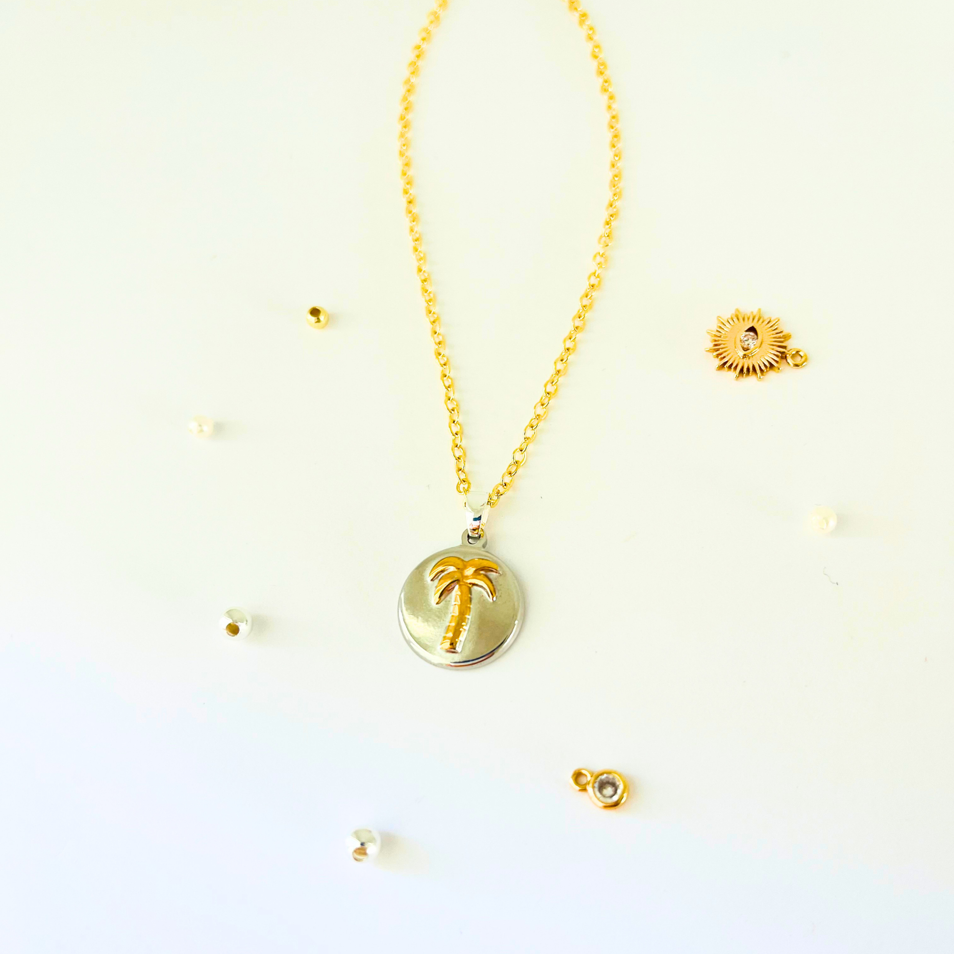 Two-Tone Palm Tree Necklace | Gold Plated Chain with Water-Resistant Pendant Necklace
