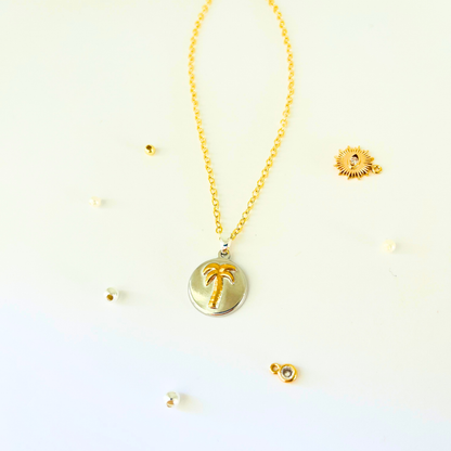 Two-Tone Palm Tree Necklace | Gold Plated Chain with Water-Resistant Pendant Necklace