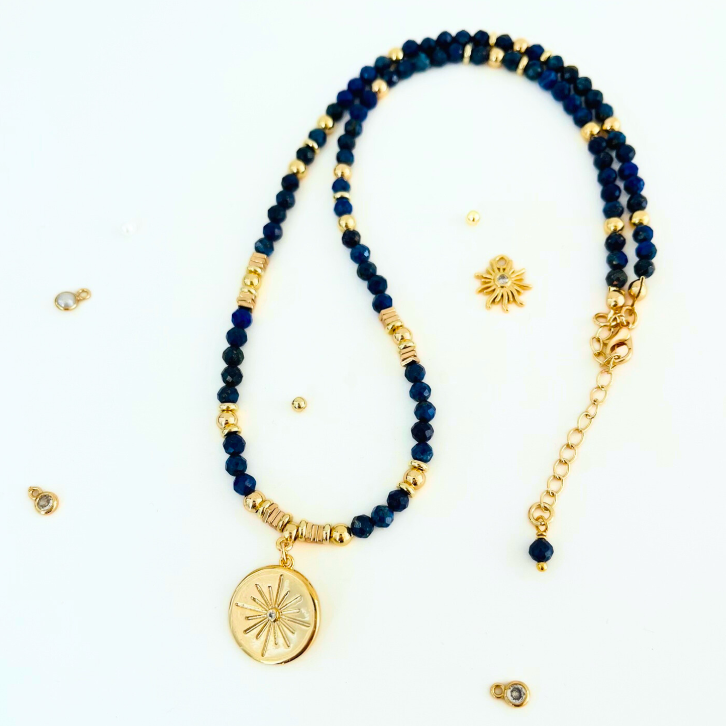 Lapis Lazuli Gemstone Necklace with Gold Plated CZ Star Round Pendant