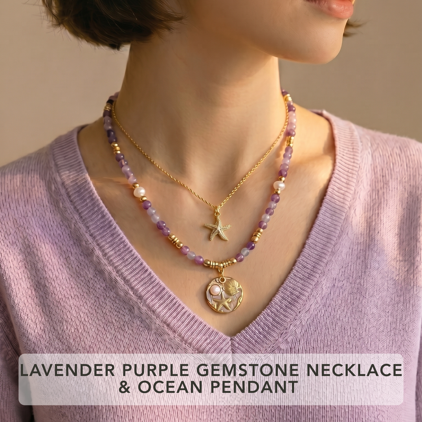 2-Piece Layering Set: 1 Natural Gemstone Necklace + 1 Pendant Necklace Gemstone Necklace
