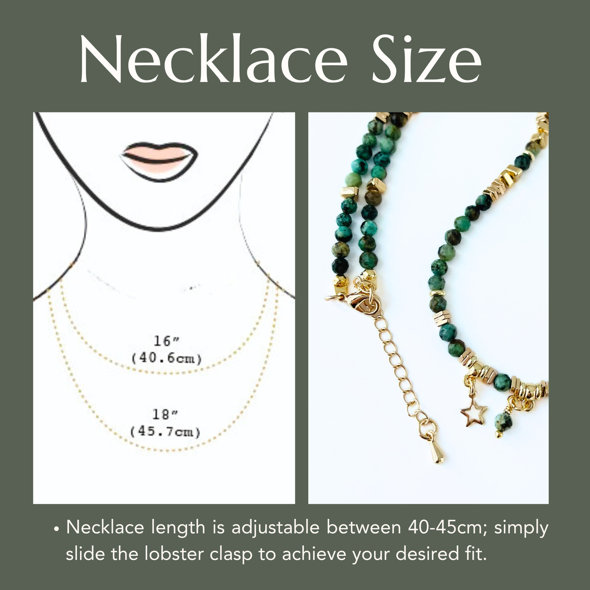 Necklace size chart with green African Turquoise Gemstone beaded necklace and measurement guide on a white background