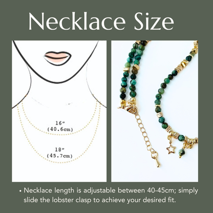 Necklace size chart with green African Turquoise Gemstone beaded necklace and measurement guide on a white background
