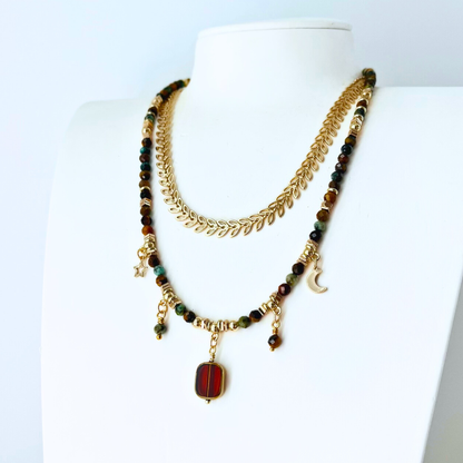 African Turquoise & Tiger Eye Gemstone Necklace - Boho Moon Star Charm