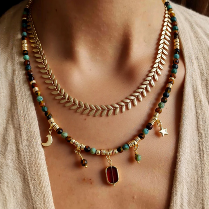 African Turquoise & Tiger Eye Gemstone Necklace - Boho Moon Star Charm