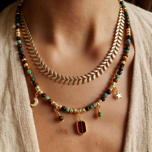 African Turquoise & Tiger Eye Gemstone Necklace - Boho Moon Star Charm