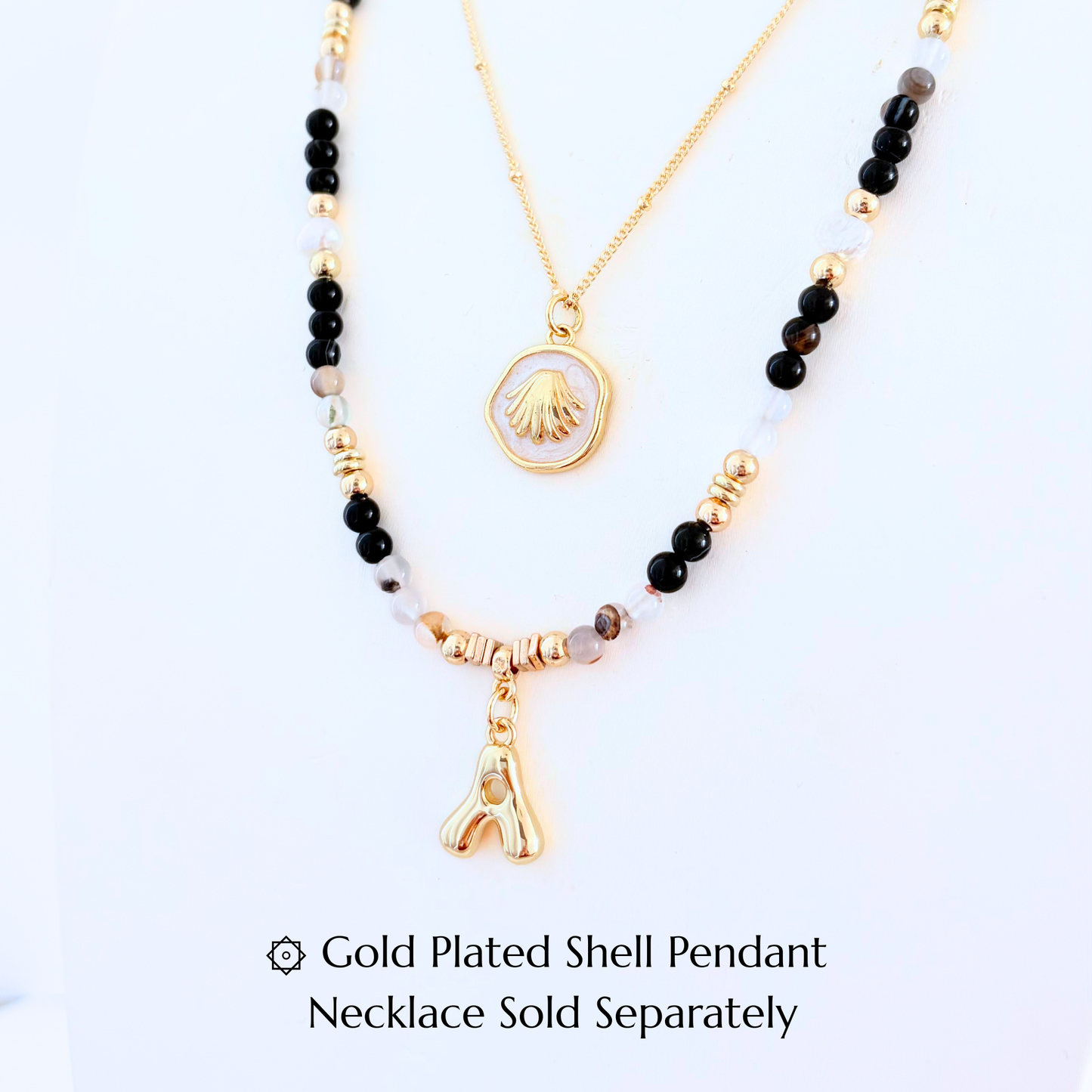 Black & Montana Agate Natural Gemstone Necklace Customizable Bubble Letter Pendant Initial Charm Gemstone Necklace